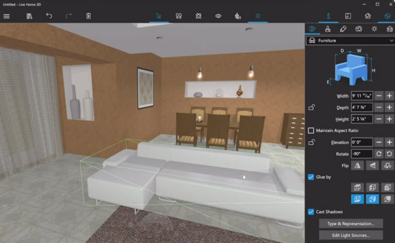 Planos 3D de interiores de casas equipada con sofás y mesas, aplicación para descargar