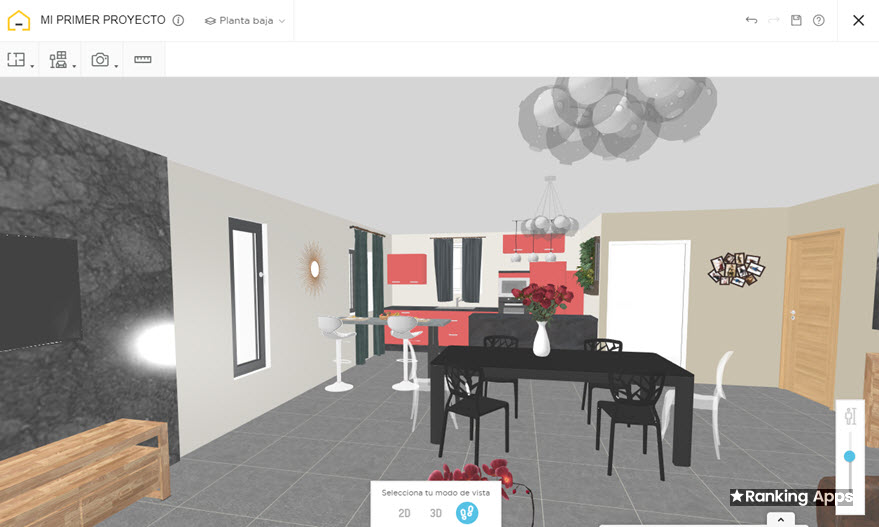 Aplicación de diseño de interiores con recorridos 3D dentro de habitaciones de la casa para remodelar
