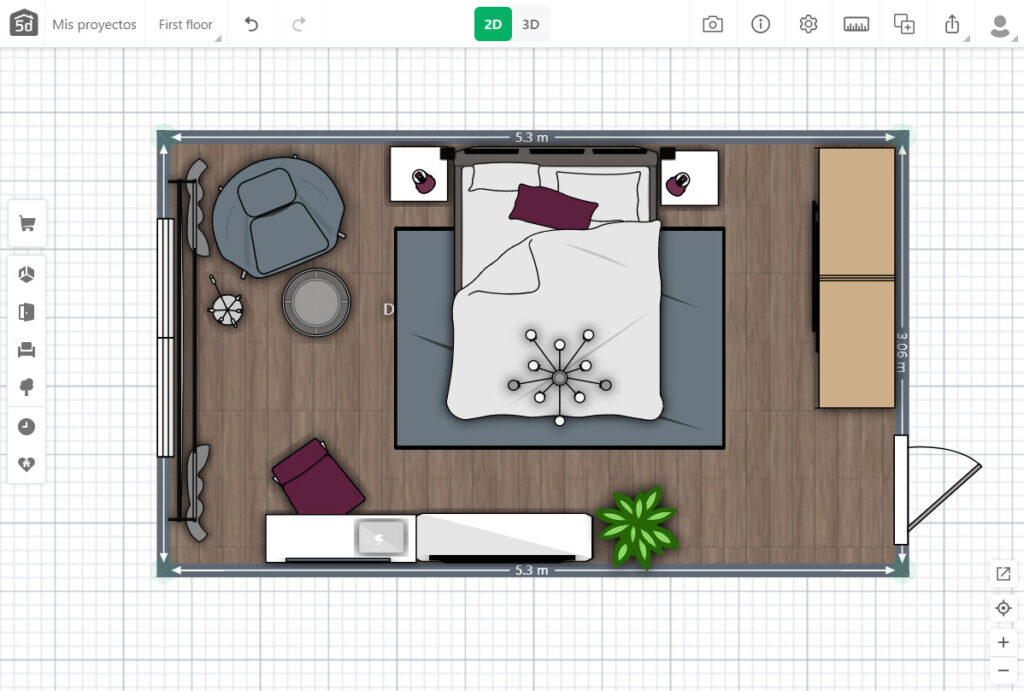 Plano 2D de dormitorio equipado