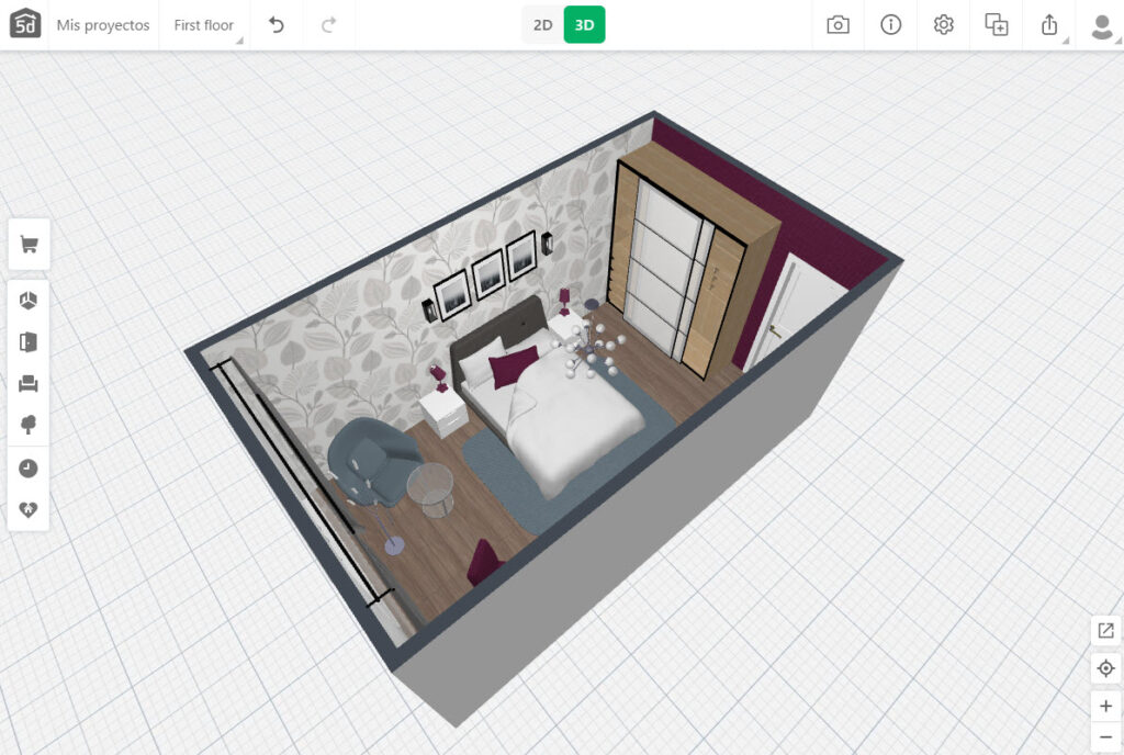 Plano 3D dormitorio decorado con aplicación